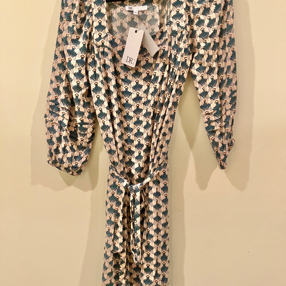 Square Neck Dress D2 Daniel Rainn Long-Sleeved Deco Pink & Green Pockets